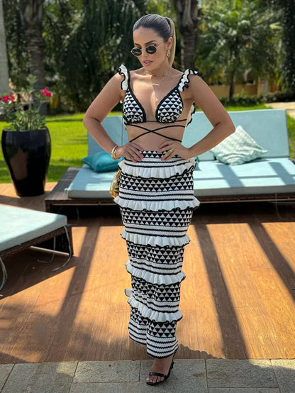 Striped Knitted Bikini Skirt Set