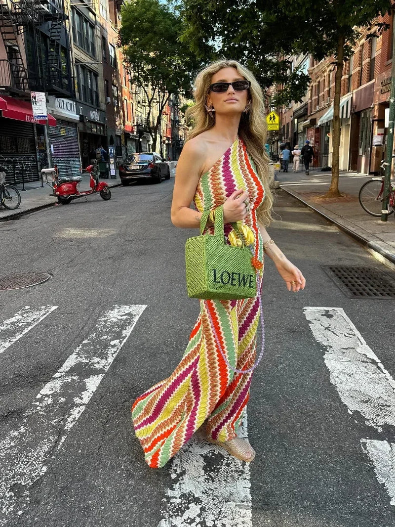 Colorful Stripe Printed Women Oblique Shoulder Dress Elegant One Shoulder Slim High Waist Dresses Fashion Summer Lady Party Robe