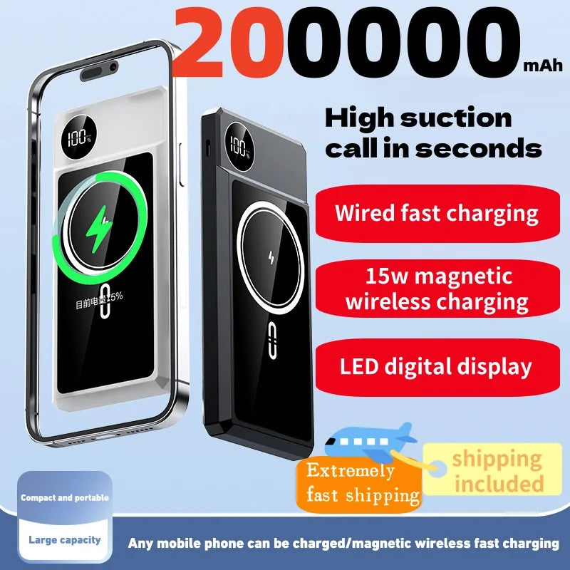 200000Mah Wireless Fast Charger for Magsafe Magnetic Power Bank Portable External Auxiliary Battery Pack for Iphone Samsung