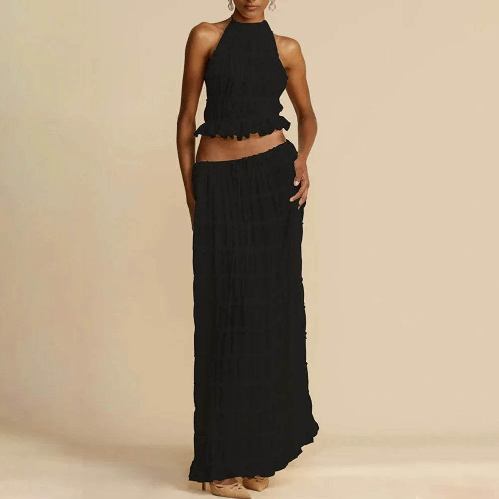 Pleated Top & Maxi Skirts Set