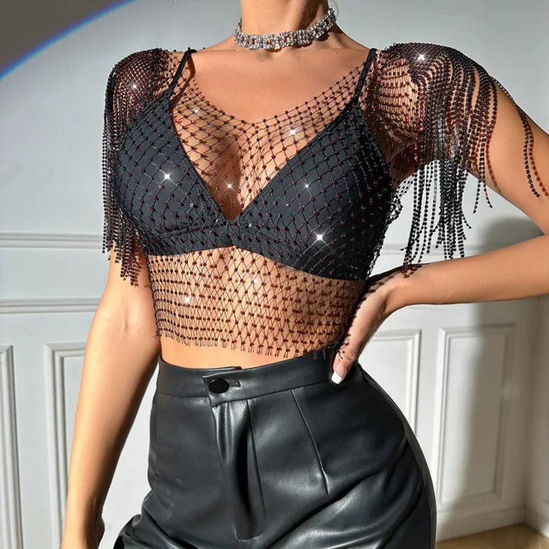 V-Neck Rhinestone Short Crop Top