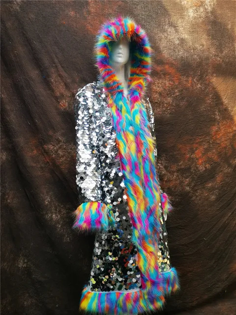 Faux Fur Rainbow Sequined Hood Long Jacket 