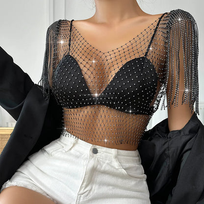 V-Neck Rhinestone Short Crop Top