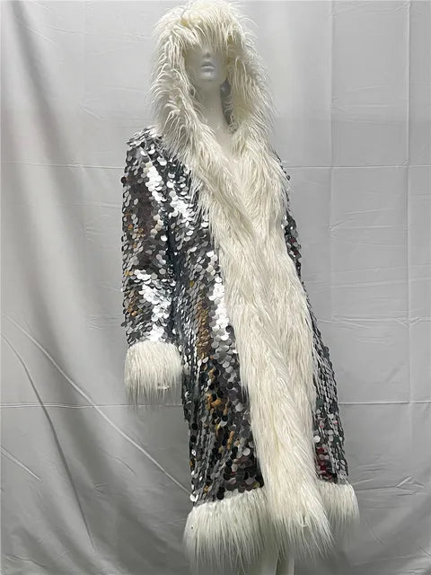 Faux Fur Rainbow Sequined Hood Long Jacket 