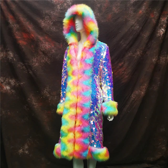 Faux Fur Rainbow Sequined Hood Long Jacket 