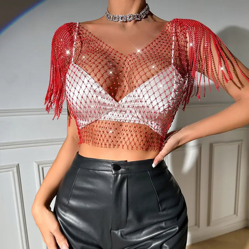 V-Neck Rhinestone Short Crop Top