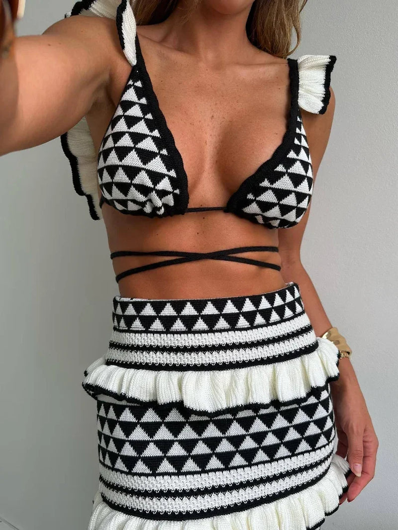 Striped Knitted Bikini Skirt Set